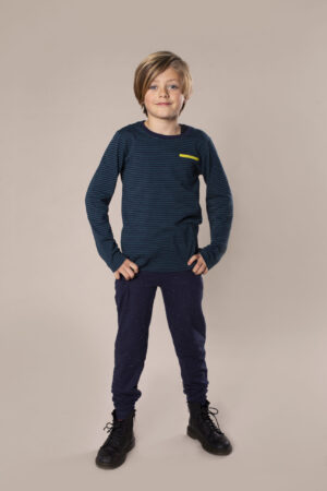 gestreept blauw met groen gele rits