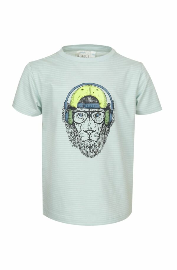 lichtblauw gestreepte t-shirt voor jongens met aap met koptelefoon