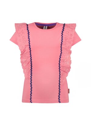 roze tshirt b.nosy meisjes ruffles broderie golvende lijn blauw