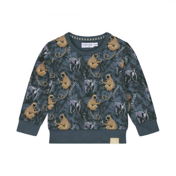 blauwe pull ringstaartaapjes dirkje jongens overall print beige