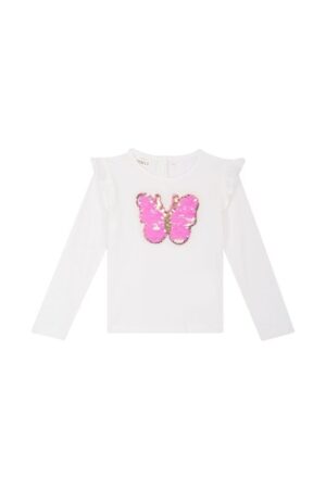 witte tshirt lange mouwen mini rebels meisjes roze vlinder pailletten ruffles